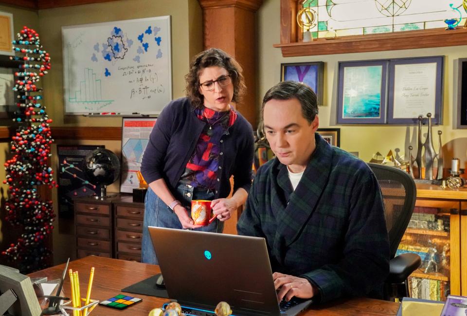 Mayim Bialik as Amy Farrah Fowler and Jim Parsons as Sheldon Cooper in the series finale of YS. While making an appearance on The View recently, Parsons said filming the episode "was very special, and I didn't realize I wanted another goodbye to the character that way, but I'm so glad it happened.”