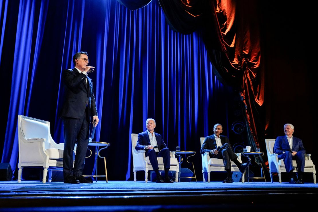 President Joe Biden, former Presidents Barack Obama and Bill Clinton participate in a discussion moderated by Stephen Colbert, host of CBS's 