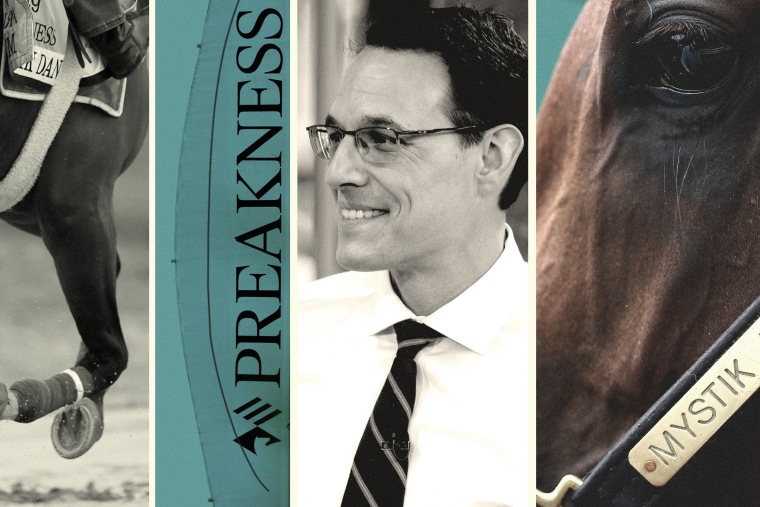 Photo illustration of horse named "Mystik Dan," Steve Kornacki, and Preakness sign