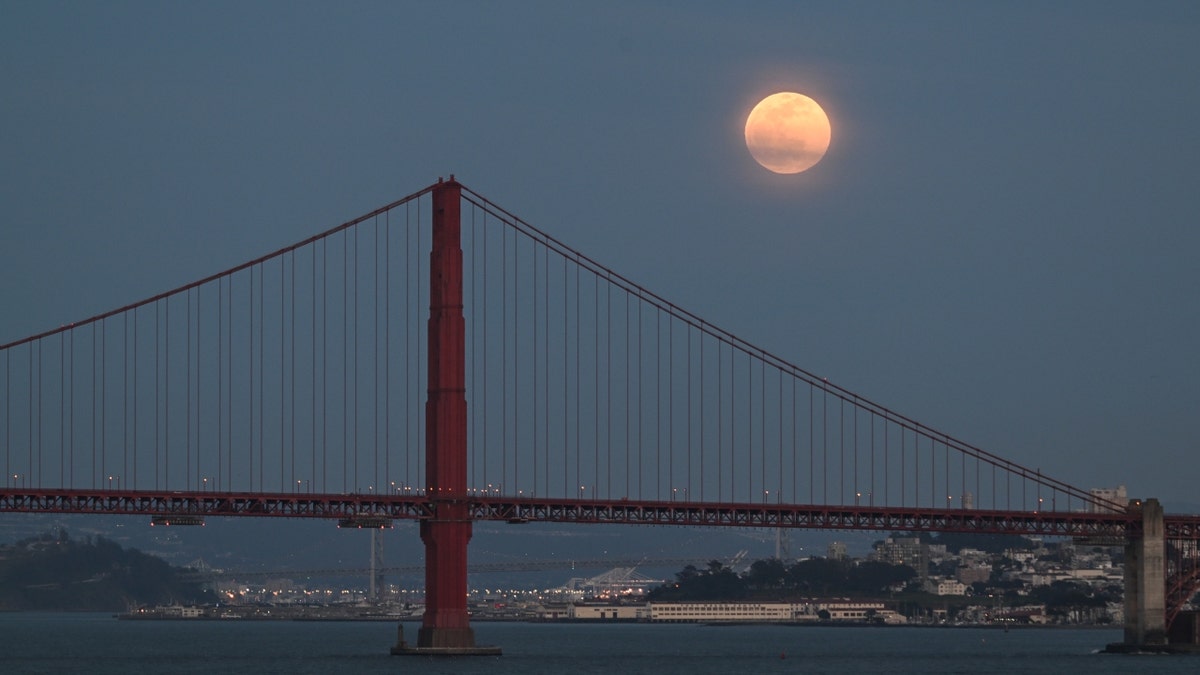 The full pink moon over San Francisco's Golden Gate Bridge