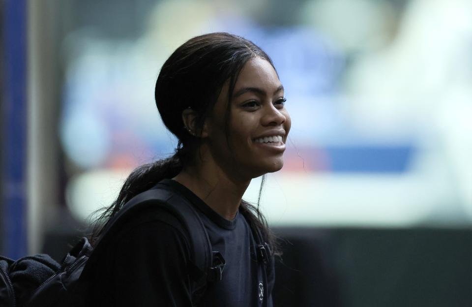 Gabby Douglas speaks to journalists after a training session at the XL Center ahead of the Core Hydration Classic in Hartford, Connecticut.