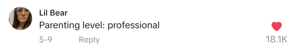 Lil Bear comments, "Parenting level: professional," and receives 18.1K likes