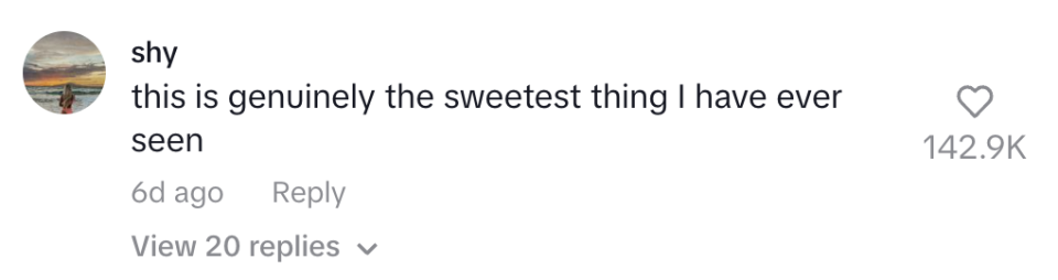 A social media comment from user "shy" saying, "this is genuinely the sweetest thing I have ever seen," with 142.9K likes, posted 6 days ago