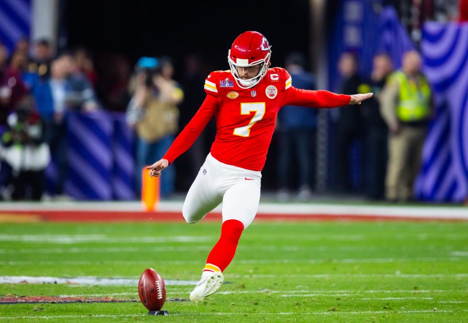 Kansas City Chiefs kicker Harrison Butker (7) against the San Francisco 49ers in Super Bowl LVIII at Allegiant Stadium on Feb 11, 2024, in Paradise, Nevada.
