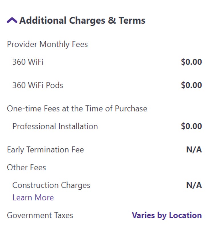 Screenshot of broadband label showing Quantum Fiber fees