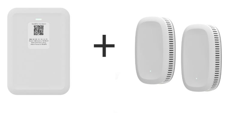 Image of Quantum Fiber ONT device and two mesh Wi-Fi pods