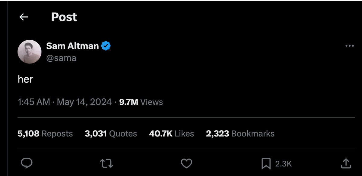 Screenshot of an X post by Sam Altman with just one word: