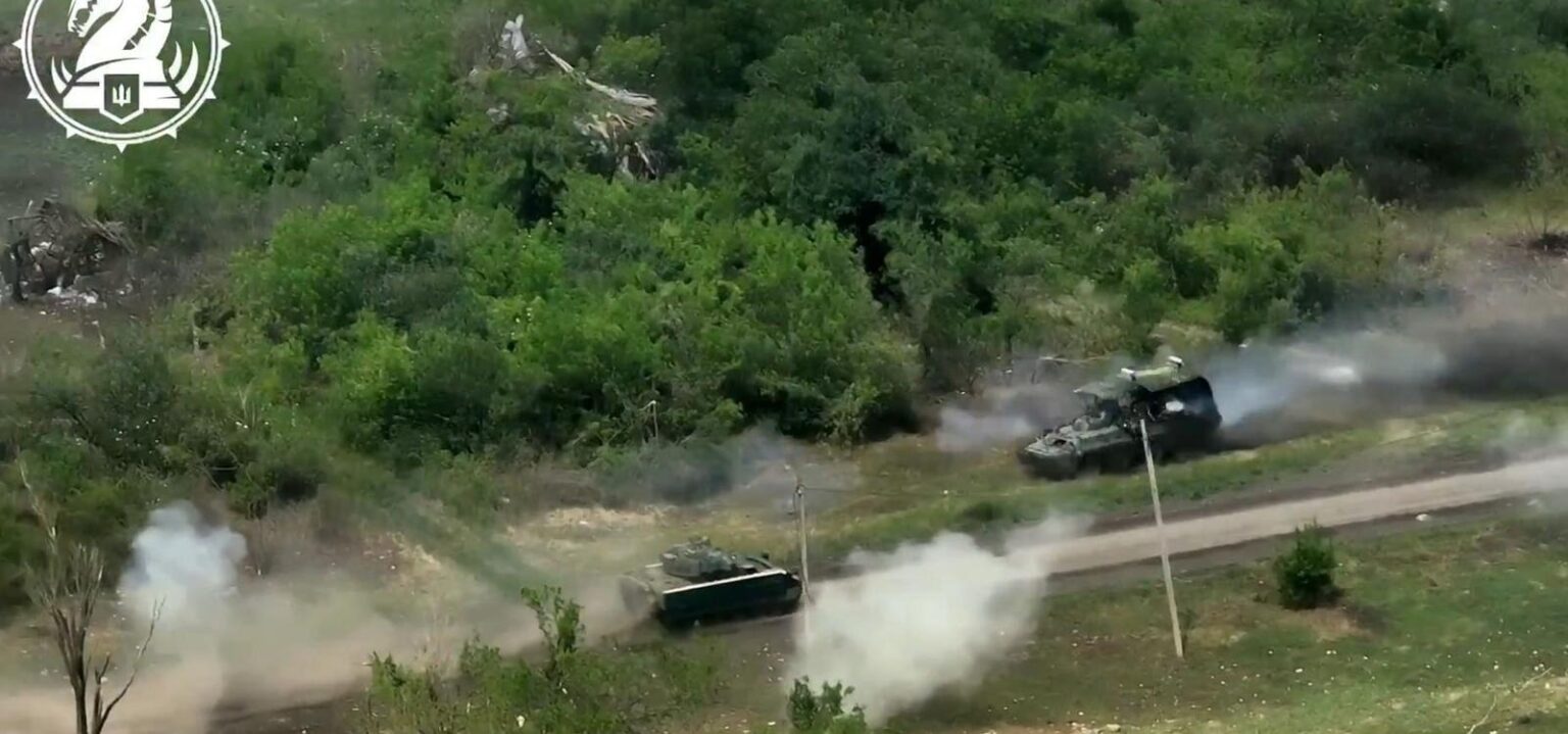 Somewhere In Eastern Ukraine, A Russian BTR-82 Vehicle Played A Deadly Game Of Chicken With A Ukrainian M-2. The BTR Lost, Badly.