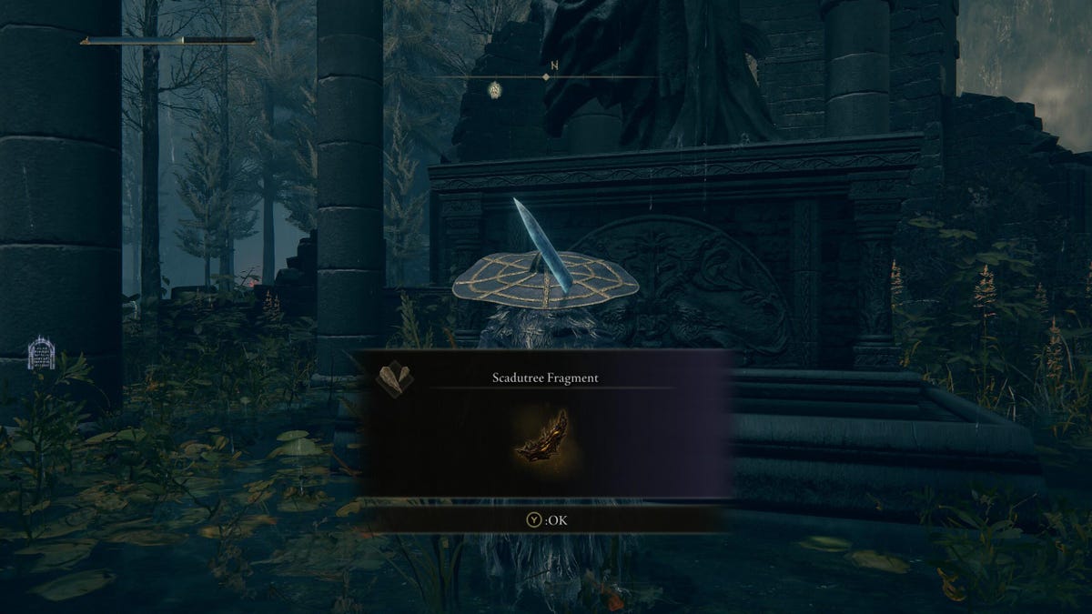 A game character standing in front of a church altar and picking up an item.