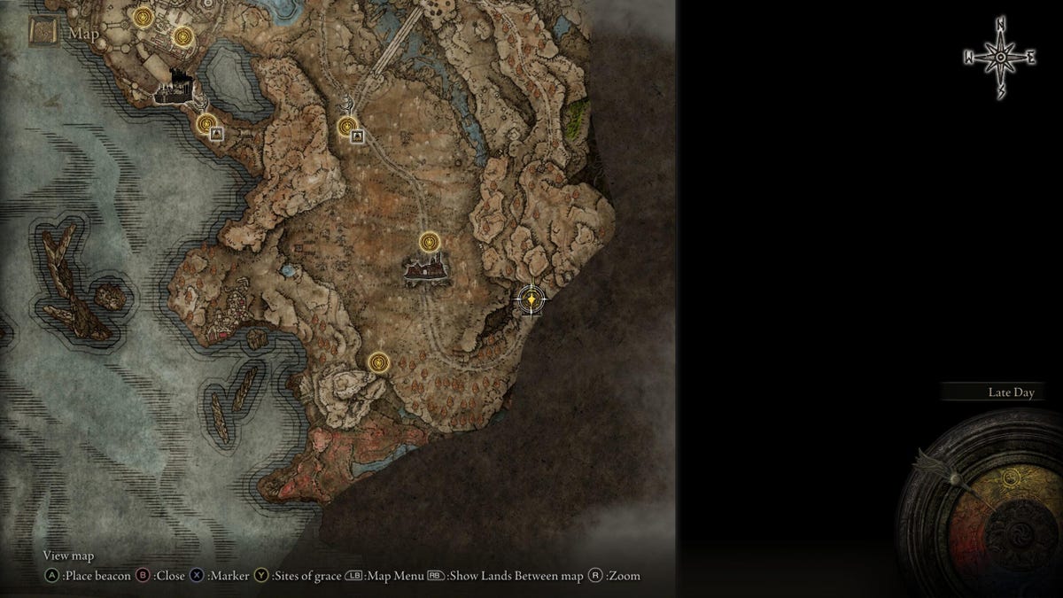 A video game map with the player's location outlined.