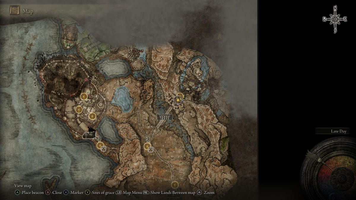 A video game map with the player's location outlined.