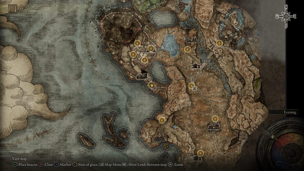 A video game map with the player's location outlined.