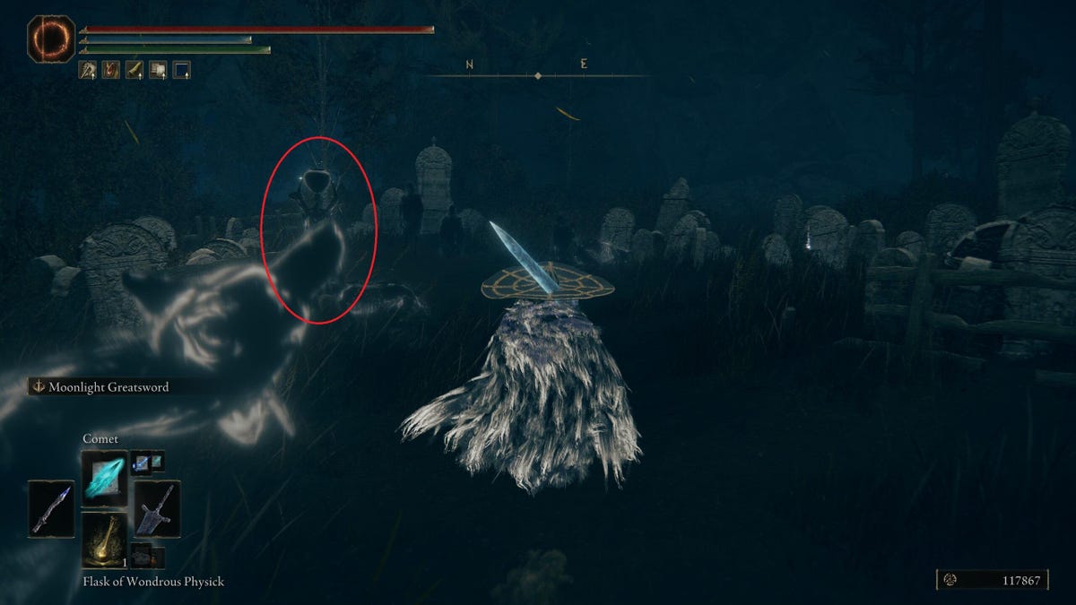 A game character about to be attacked by a group of enemies.