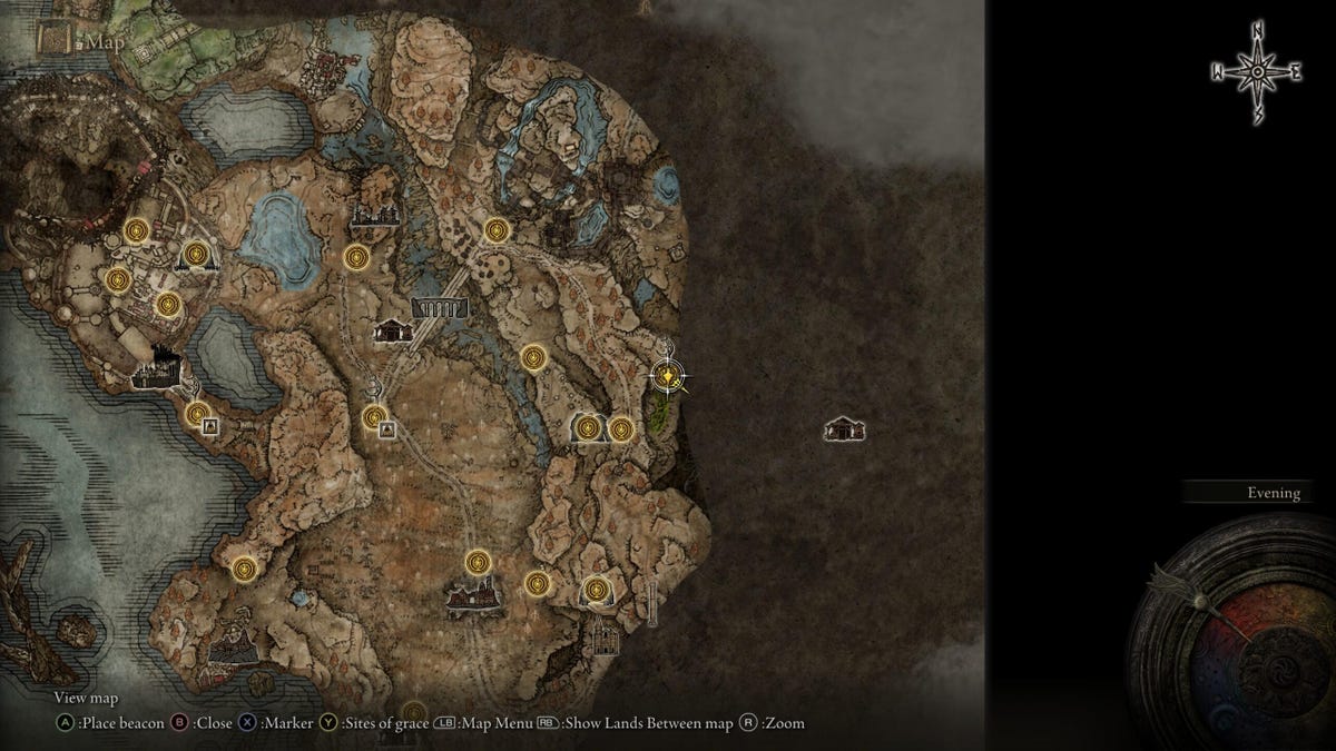 A video game map with the player's location outlined.