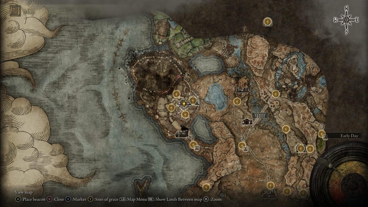 A video game map with the player's location outlined.