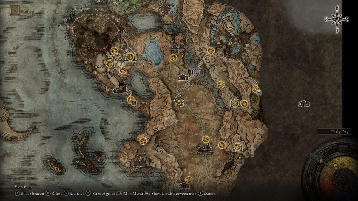 A video game map with the player's location outlined.