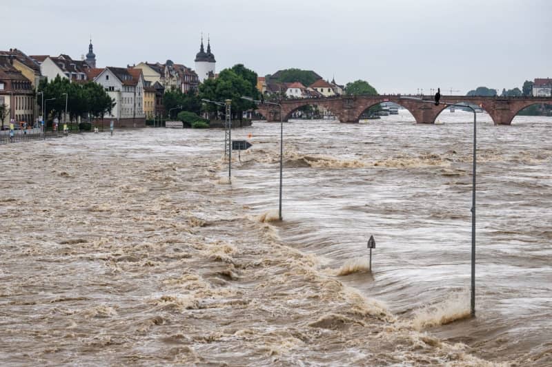 The Neckar River burst its banks near the historic old town of Heidelberg during a massive flood. Boris Roessler/dpa