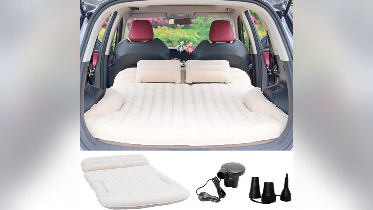 An air mattress makes it comfortable to sleep in the back of your car.