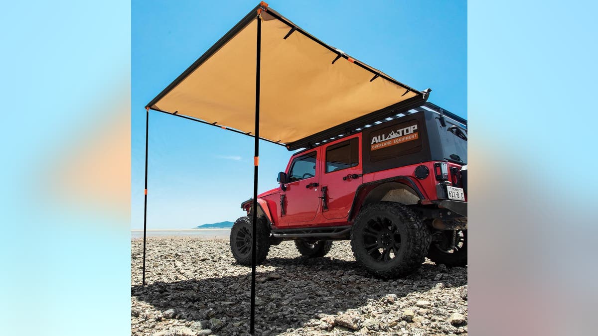 A canopy provides protection from the sun and rain.