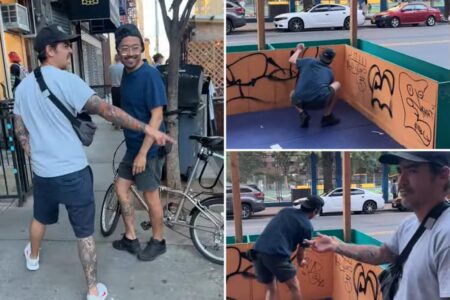 NYC cafe owner mocked by two laughing vandals defacing his $16K dining shed