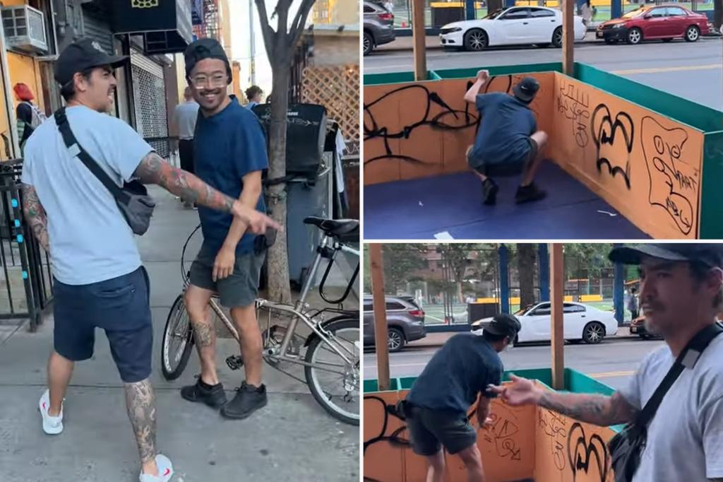 NYC cafe owner mocked by two laughing vandals defacing his $16K dining shed