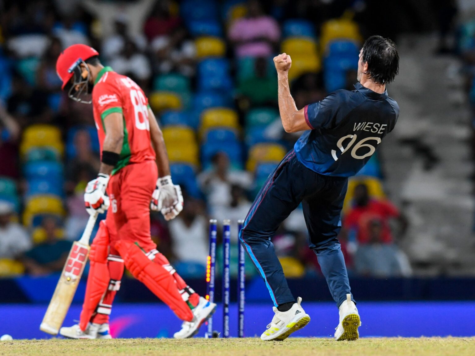 Wiese holds nerves as Namibia beat Oman super over at T20 World Cup