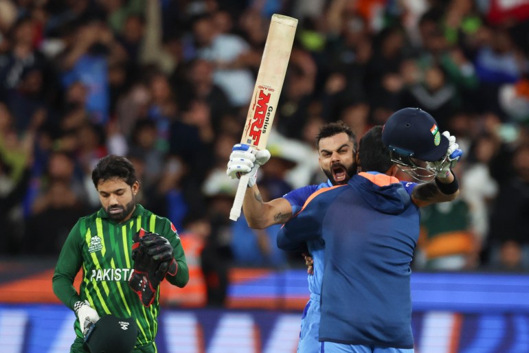 India's Virat Kohli reacts after winning the T20 World Cup cricket match against Pakistan in Melbourne, Australia, Sunday, Oct. 23, 2022. (AP Photo/Asanka Brendon Ratnayake)