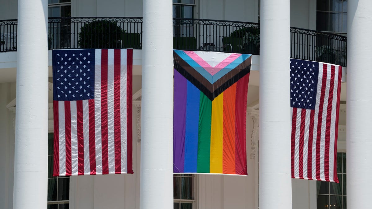 Pride flag with U.S. flags on display at White house