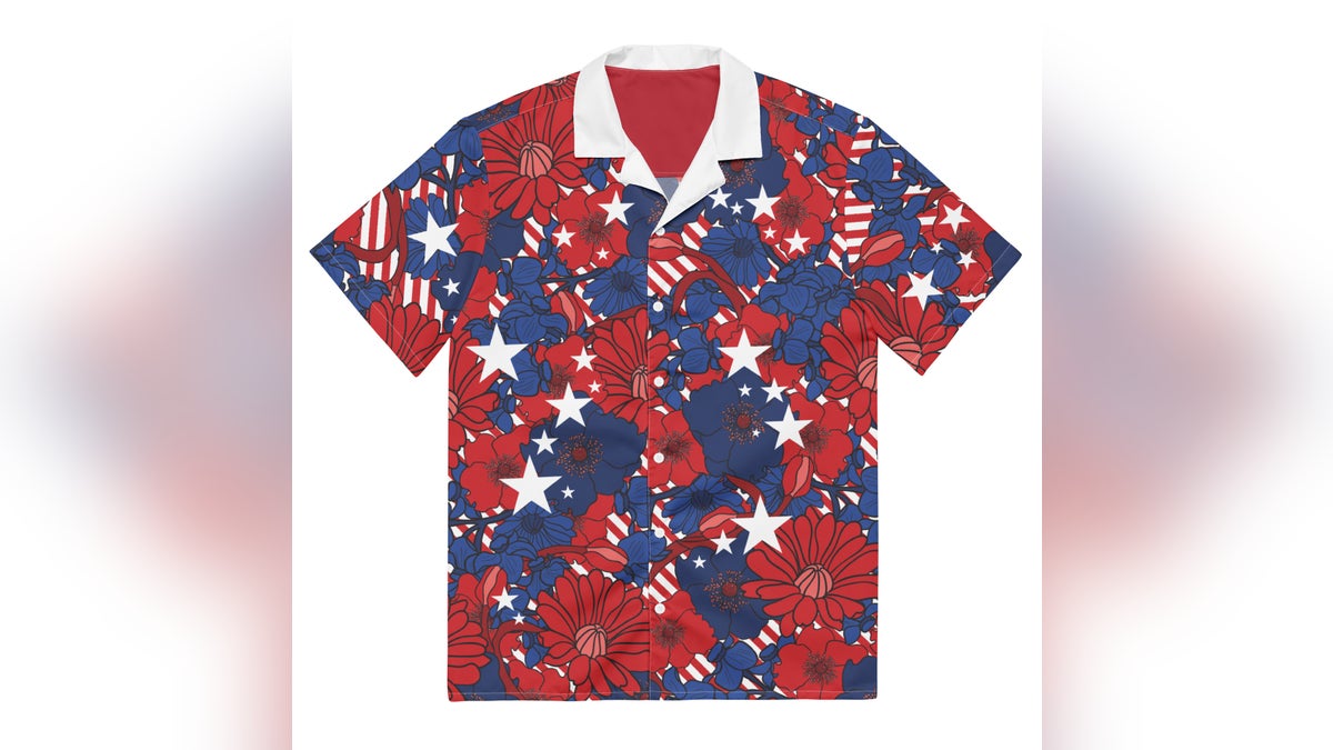 Stay stylish and show your love for America with a red, white and blue Hawaiian shirt.