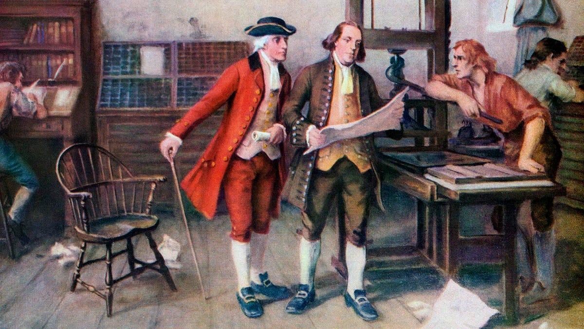 Bejamin frankin and associates at his printing press