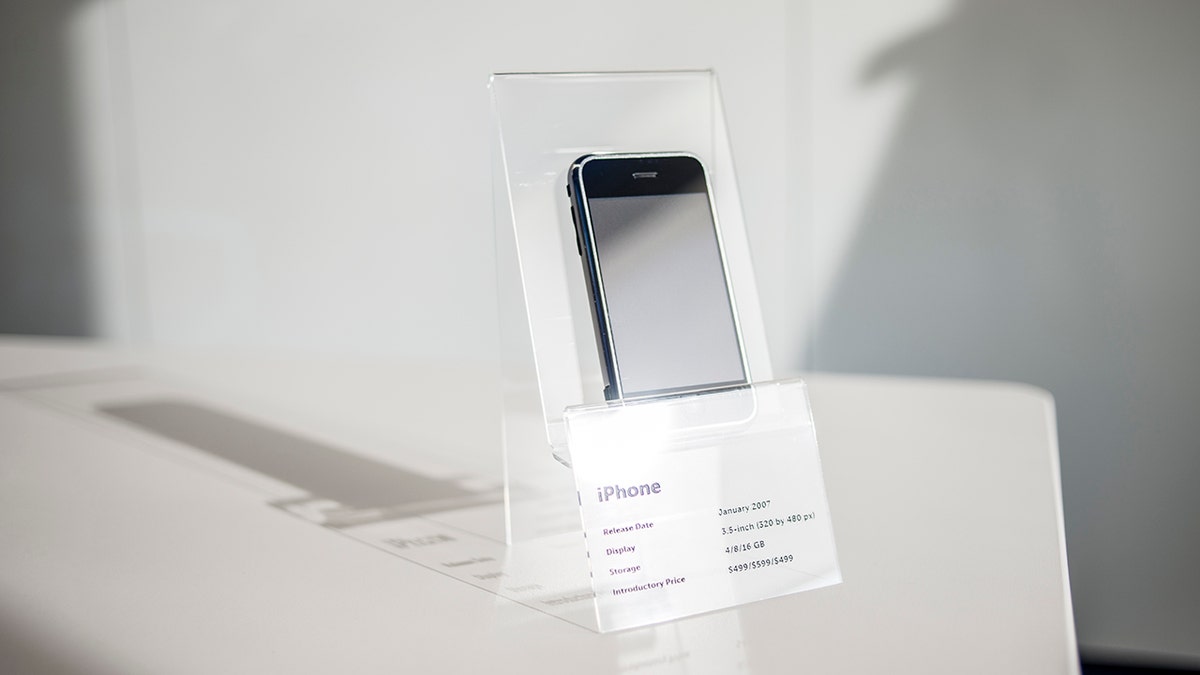 An iPhone is exhibited at MacPaw's Ukrainian Apple Museum in Kiev, Ukraine on Jan. 26, 2017.