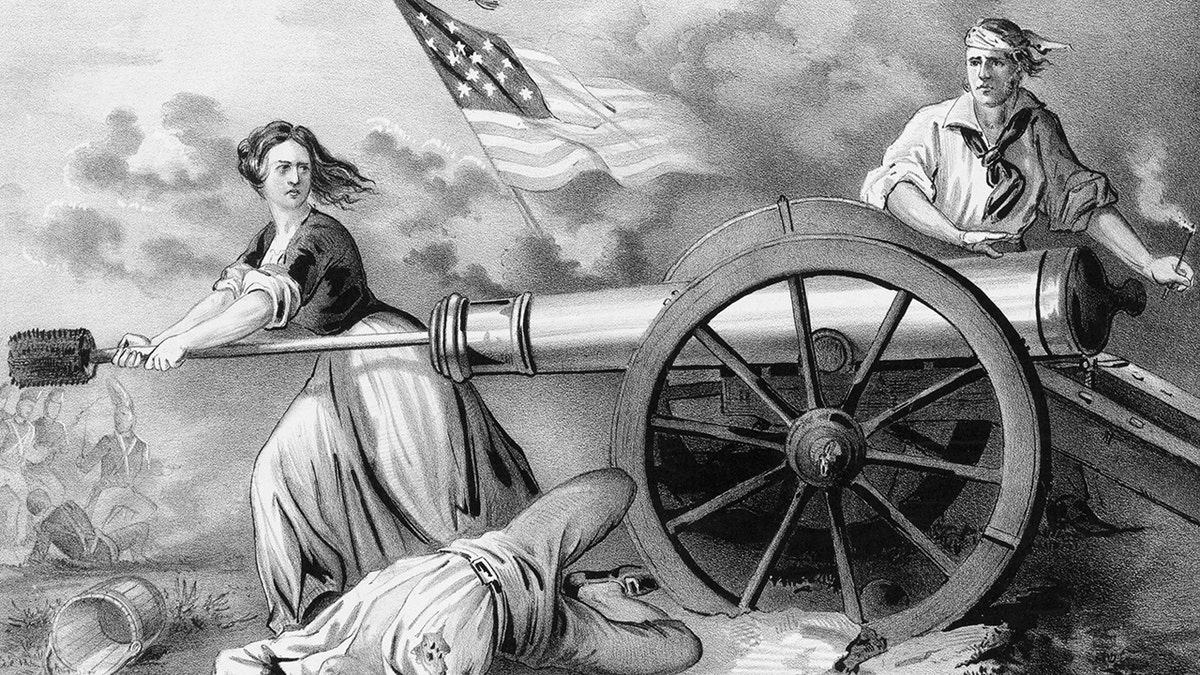 Molly Pitcher loads a cannon