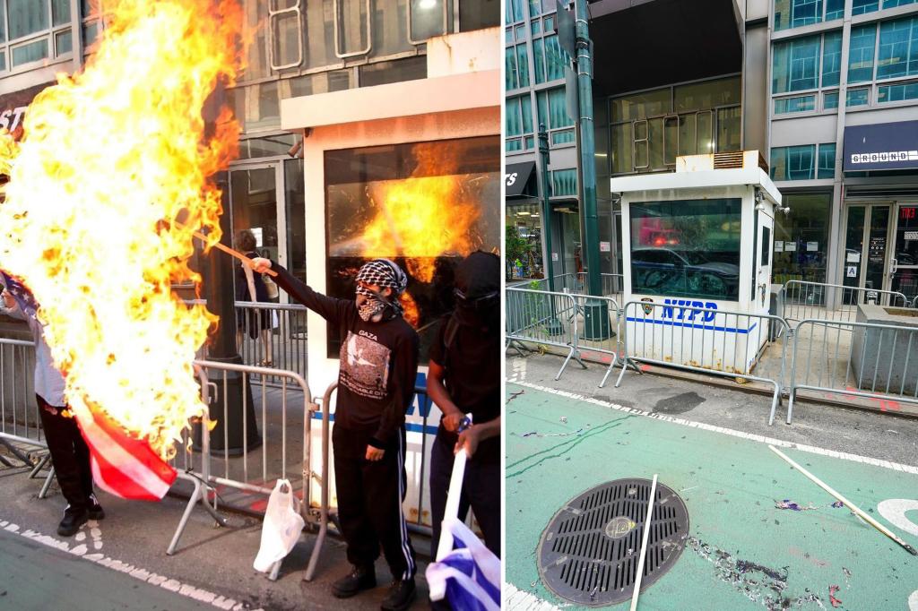 The moment anti-Israel protesters set fire to American flags outside Israeli consulate