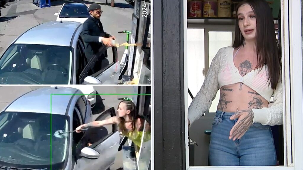Bikini-clad barista takes hammer to customer’s windshield after he throws coffee at her