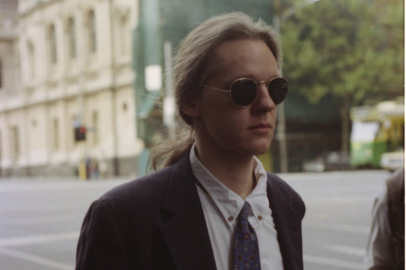 Young hacker: Julian Assange outside court in 1995 after being accused of hacking into global computer systems.
