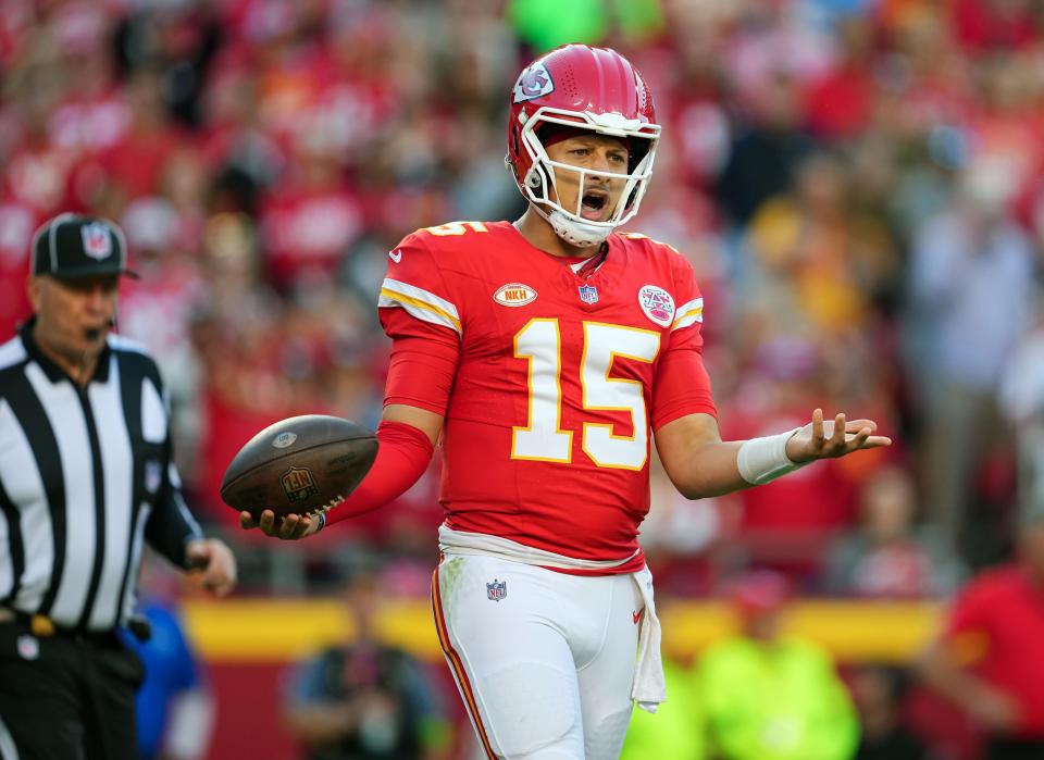 Kansas City Chiefs quarterback Patrick Mahomes (15) reacts after a penalty during the second half against the Los Angeles Chargers at GEHA Field at Arrowhead Stadium.