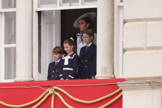 <p>Alamy</p> Prince Louis, Princess Charlotte, Kate Middleton and Prince George at Trooping the Colour on June 15, 2024