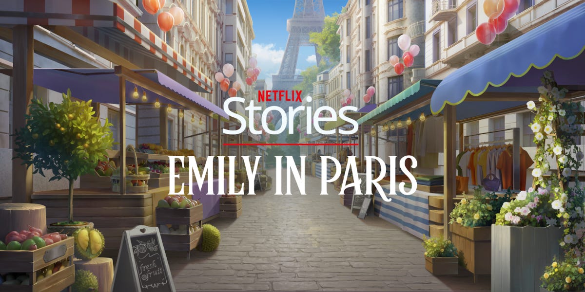 The Emily in Paris logo set in a Parisian street