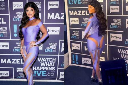 Teresa Giudice Rocks Sheer Purple Catsuit with Revealing Backside and Big Hair on “Watch What Happens Live ”