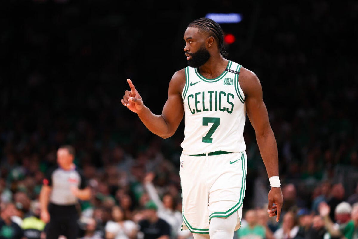 Jaylen Brown #7 of the Boston Celtics reacts during the second quarter against the Dallas Mavericks in Game One of the 2024 NBA Finals