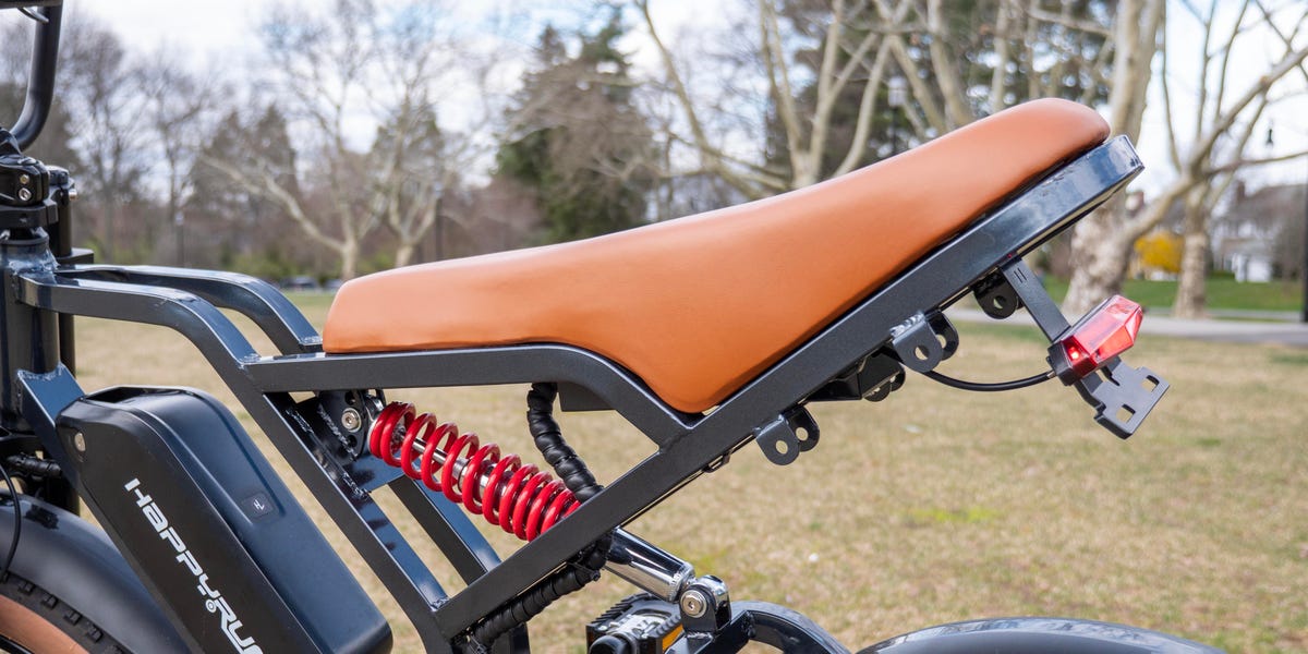 Close up of the HappyRun Tank G60 e-bike's seat and shock.
