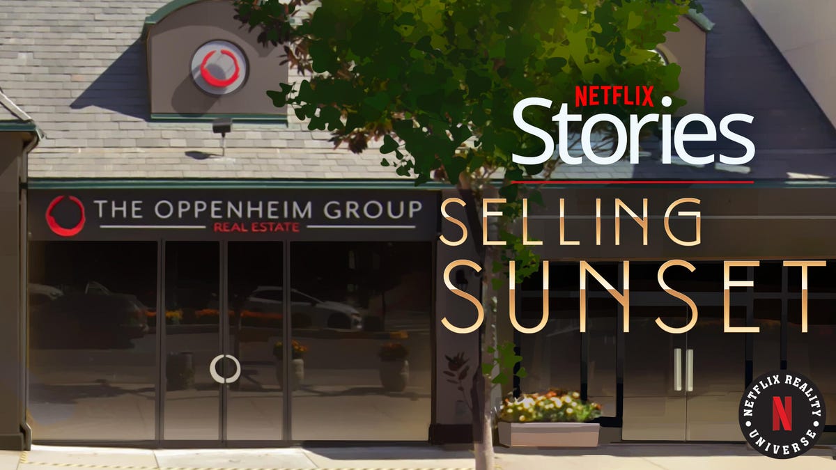 The Selling Sunset logo next to the facade of the Oppenheim Group building