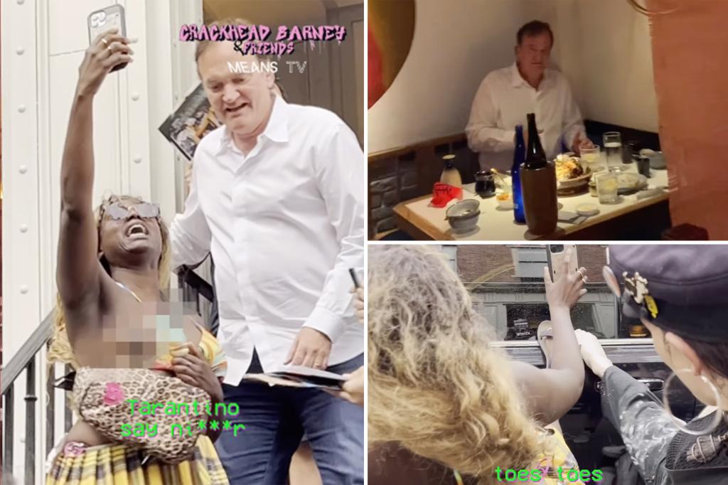 Half-clothed ‘Crackhead Barney’ harasses Quentin Tarantino at NYC restaurant, calls him ‘Zionist piece of s–t’: wild video