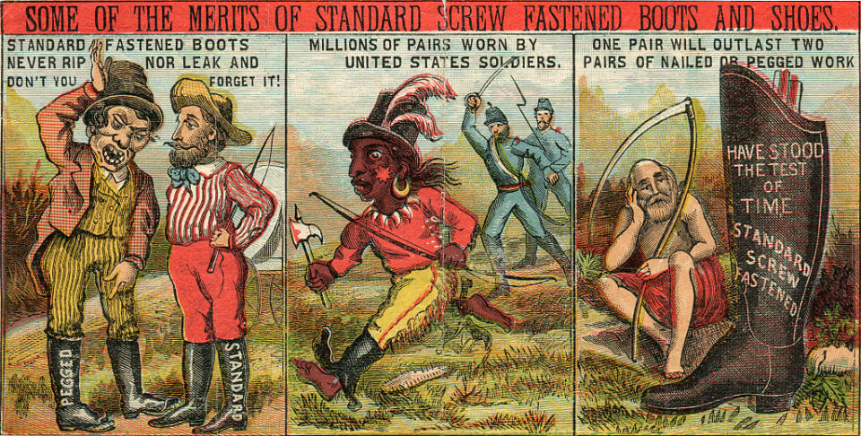 Illustration showing three scenes: a man comparing pegged and screw fastened boots, soldiers in screw fastened boots, and a man holding boots claiming they outlast others