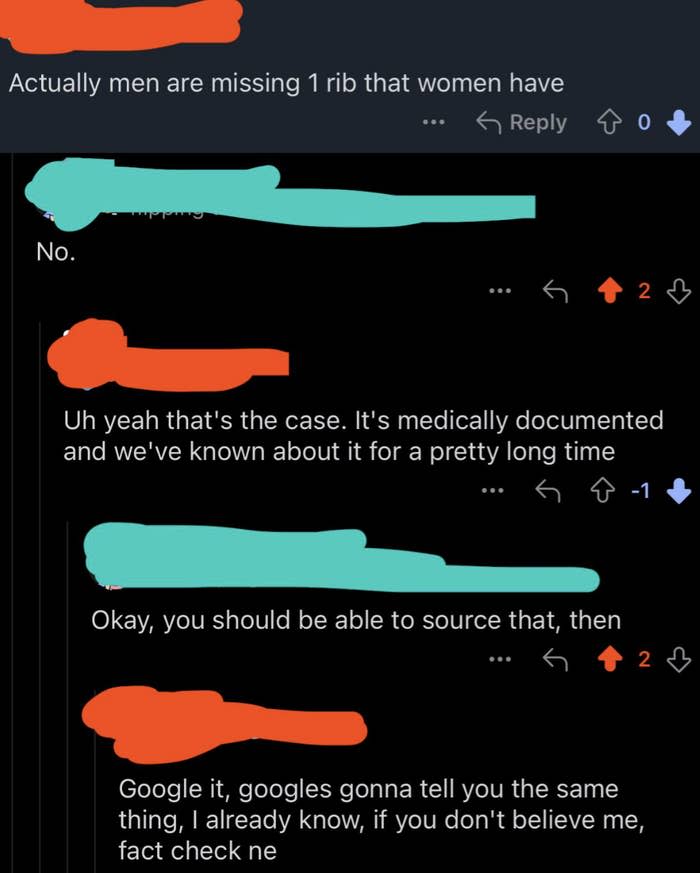A social media thread discusses the claim that men have one less rib than women, with participants debating its validity