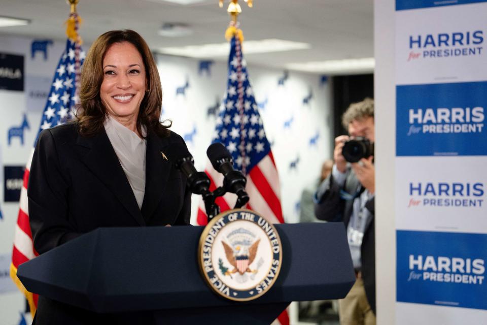 Vice President Kamala Harris speaks at her presidential campaign headquarters in Wilmington, Del., on July 22, 2024.