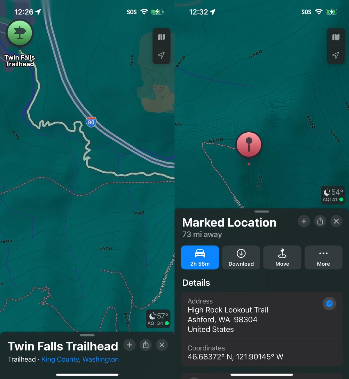Two screenshots of Apple Maps showing topographic features and markings.