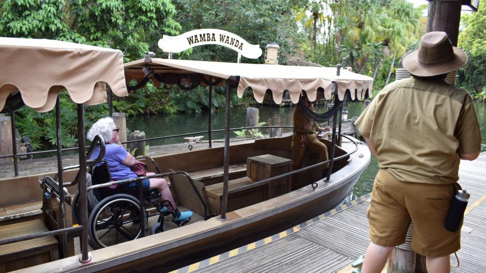 A wheelchair user on the Jungle Cruise ride.