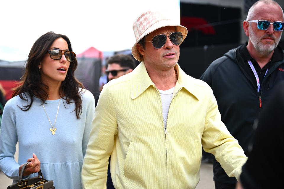 Brad Pitt & Ines de Ramon at the F1 Grand Prix of Great Britain at Silverstone Circuit on July 7, 2024 in Northampton, U.K.
