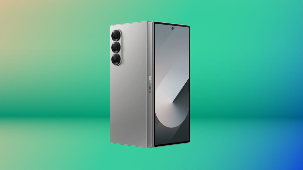 Samsung galaxy fold phone in silver against green and blue gradient